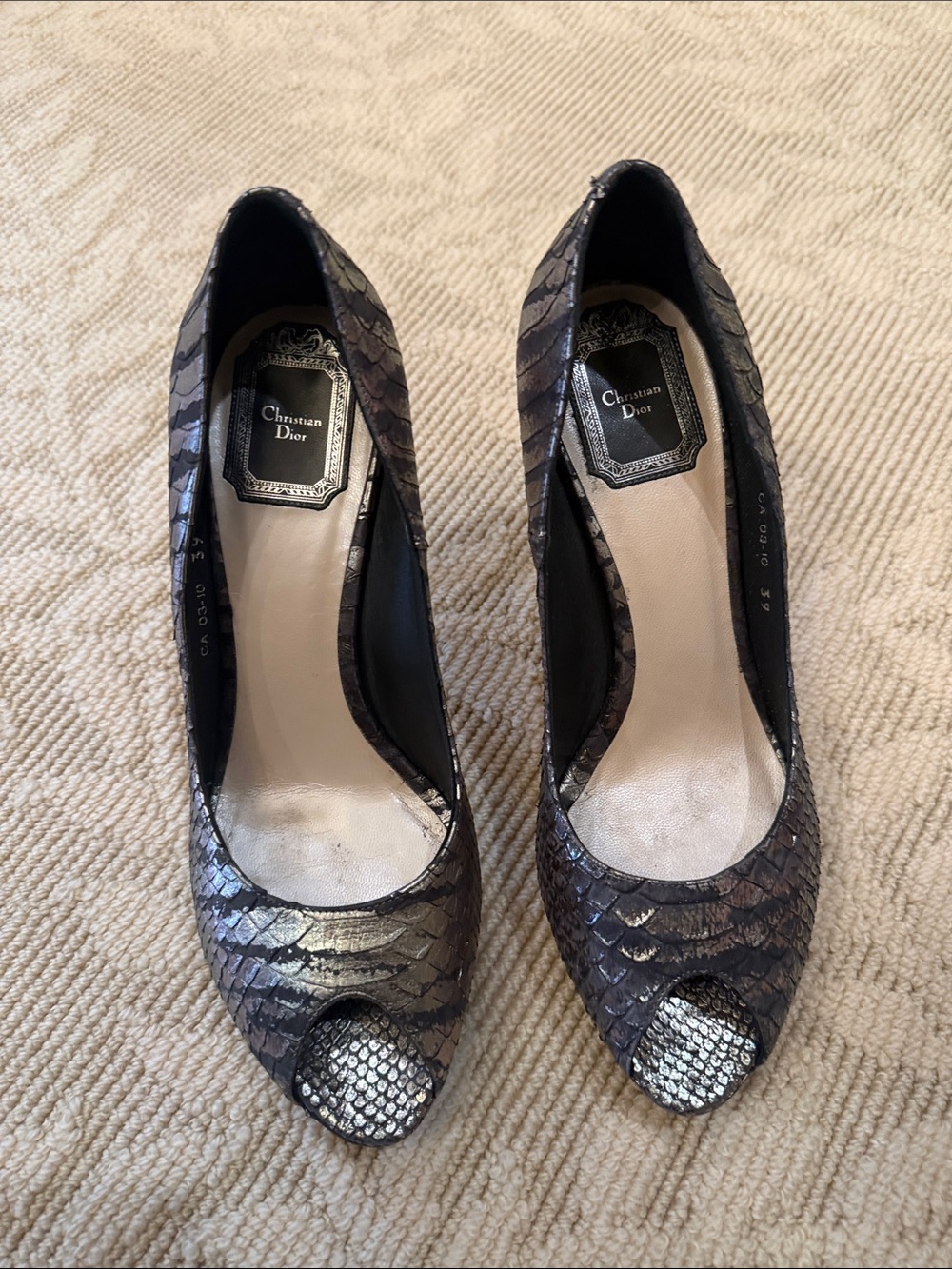 Dior Bronze Metallic Snakeskin Peep-Toe Heels